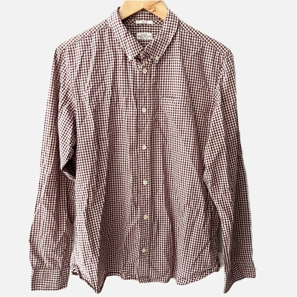 AllSaints Shirt Mens Burgundy Red Checker Long Sleeve Button Down Casual Size L - Picture 1 of 6